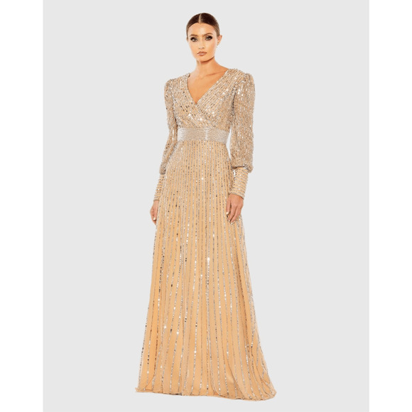 Mac Duggal NWT Sequin Wrap Over Bishop Sleeve Gown in Vanilla Silver Size 4
